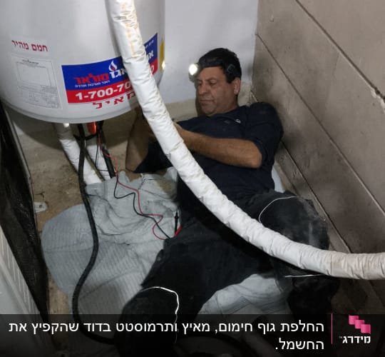 אדם מתקן דוד שמש עם פנס ראש